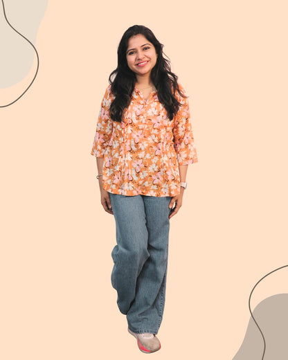 Yellow Floral Print Short Kurta