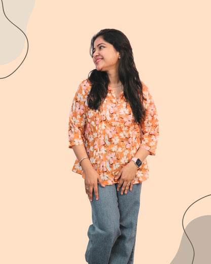 Yellow Floral Print Short Kurta