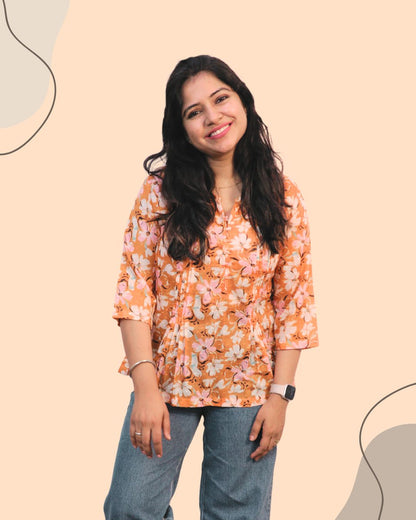 Yellow Floral Print Short Kurta