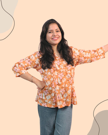 Yellow Floral Print Short Kurta