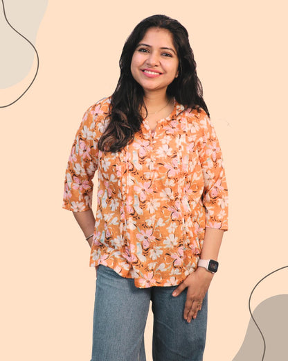 Yellow Floral Print Short Kurta