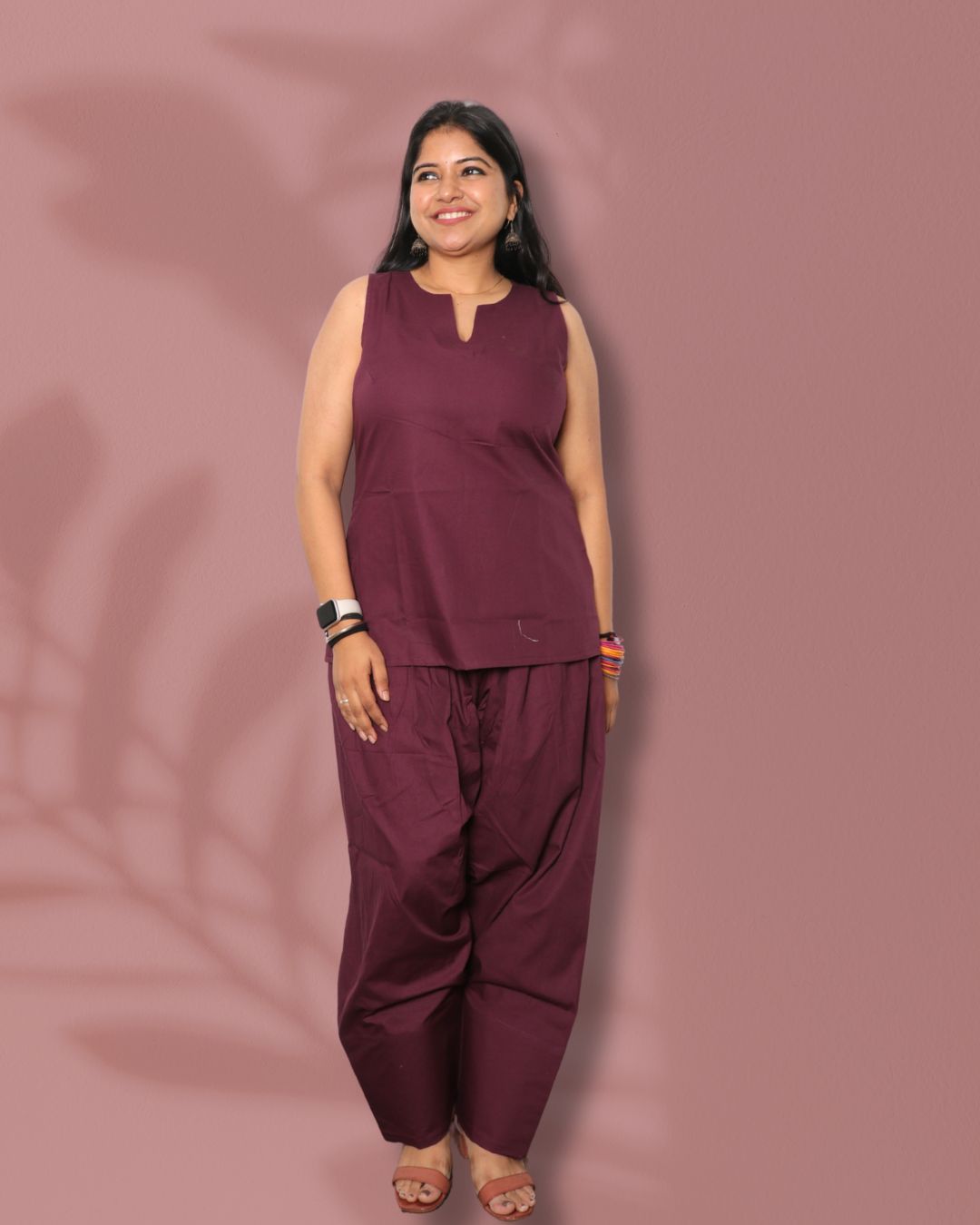 Solid Wine Sleeveless Kurti  Pharsi Pant Set