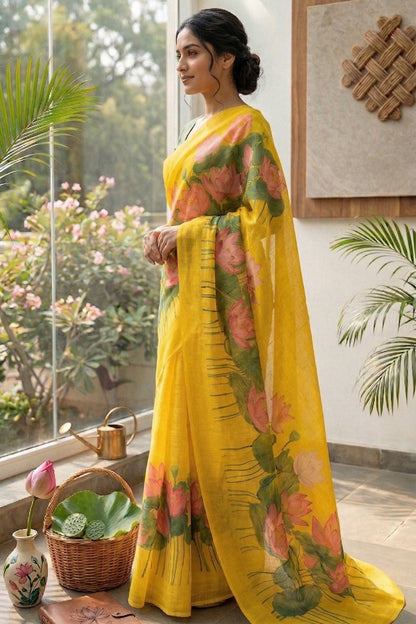 Maavish | Digital Lotus Print Poly-Linen Saree Yellow