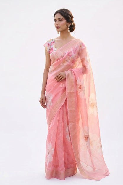 Maavish | Digital Floral Print Poly-Linen Saree Pink