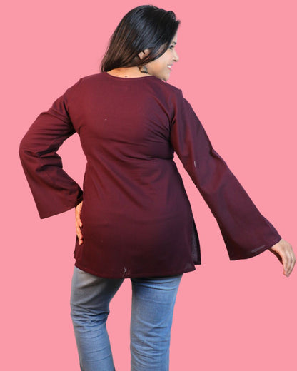 Solid Wine Bell Sleeve Short Kurta