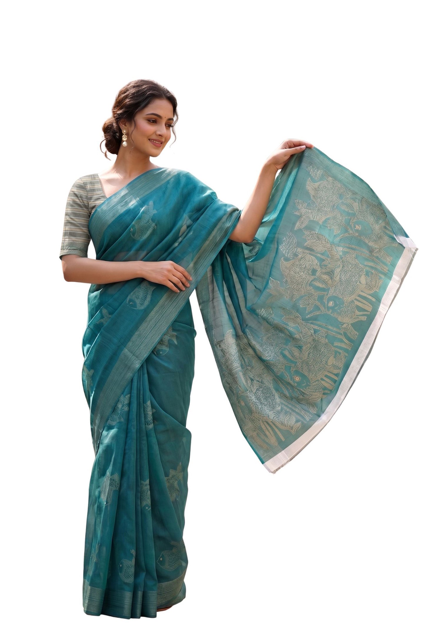 Maavish | Kalamkari-Inspired Digital Fish Print Poly-Linen Saree Green