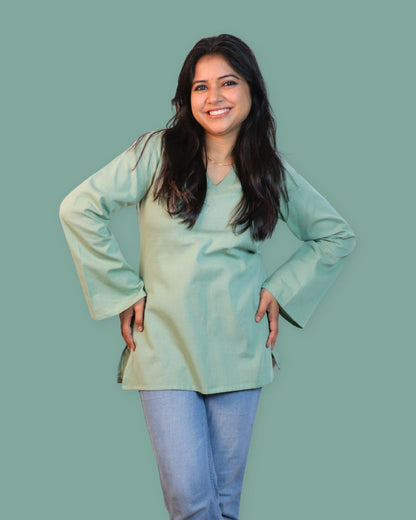Solid Matt Green Bell Sleeve Short Kurta