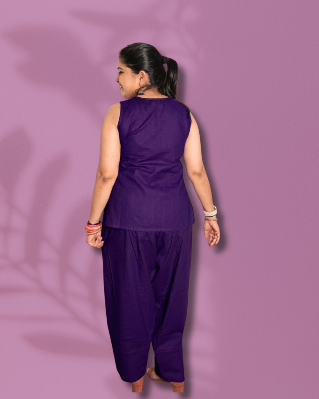 Solid Purple Sleeveless Kurti  Pharsi Pant Set