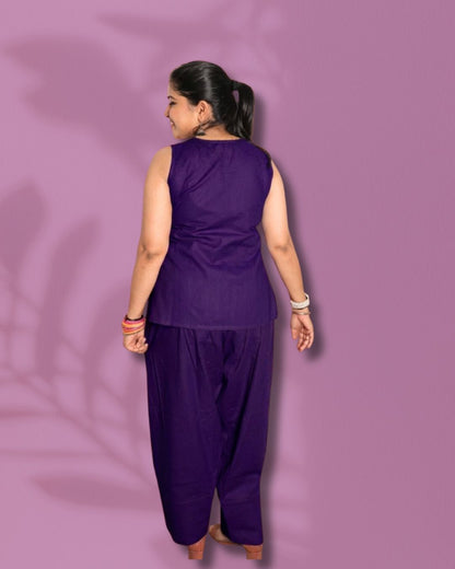 Solid Purple Sleeveless Kurti  Pharsi Pant Set