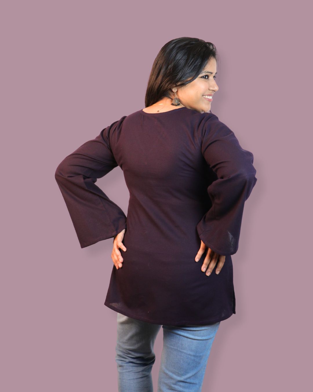 Solid Dark Purple Bell Sleeve Short Kurta