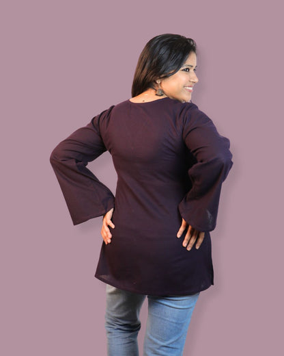 Solid Dark Purple Bell Sleeve Short Kurta