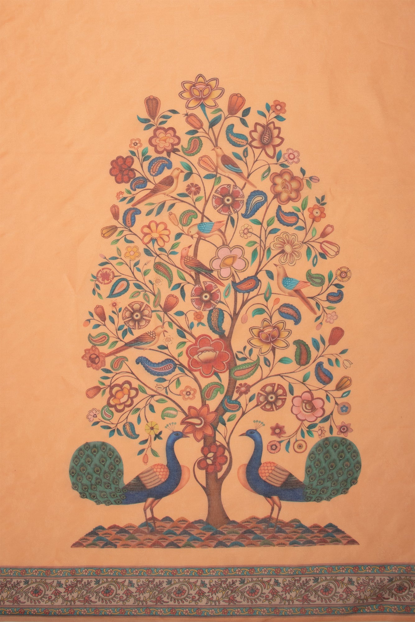 Maavish | Regal Peacock Digital Print Poly-Linen Saree Orange