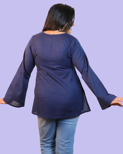 Solid Navy Blue Bell Sleeve Short Kurta