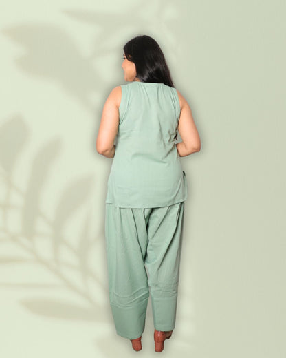 Solid Matt Green Sleeveless Pharsi Pant Kurti Set