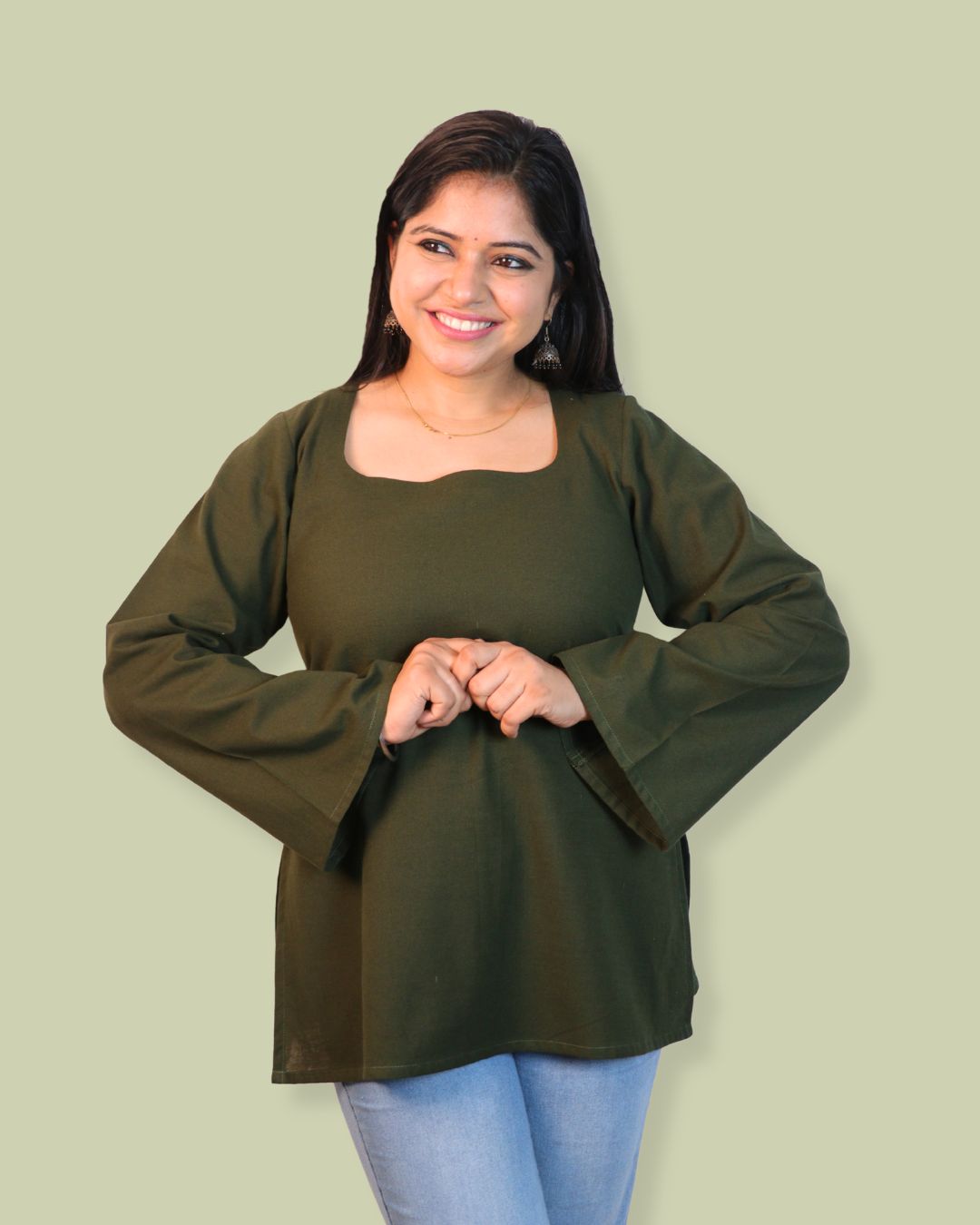 Solid Dark Green Bell Sleeve Short Kurta