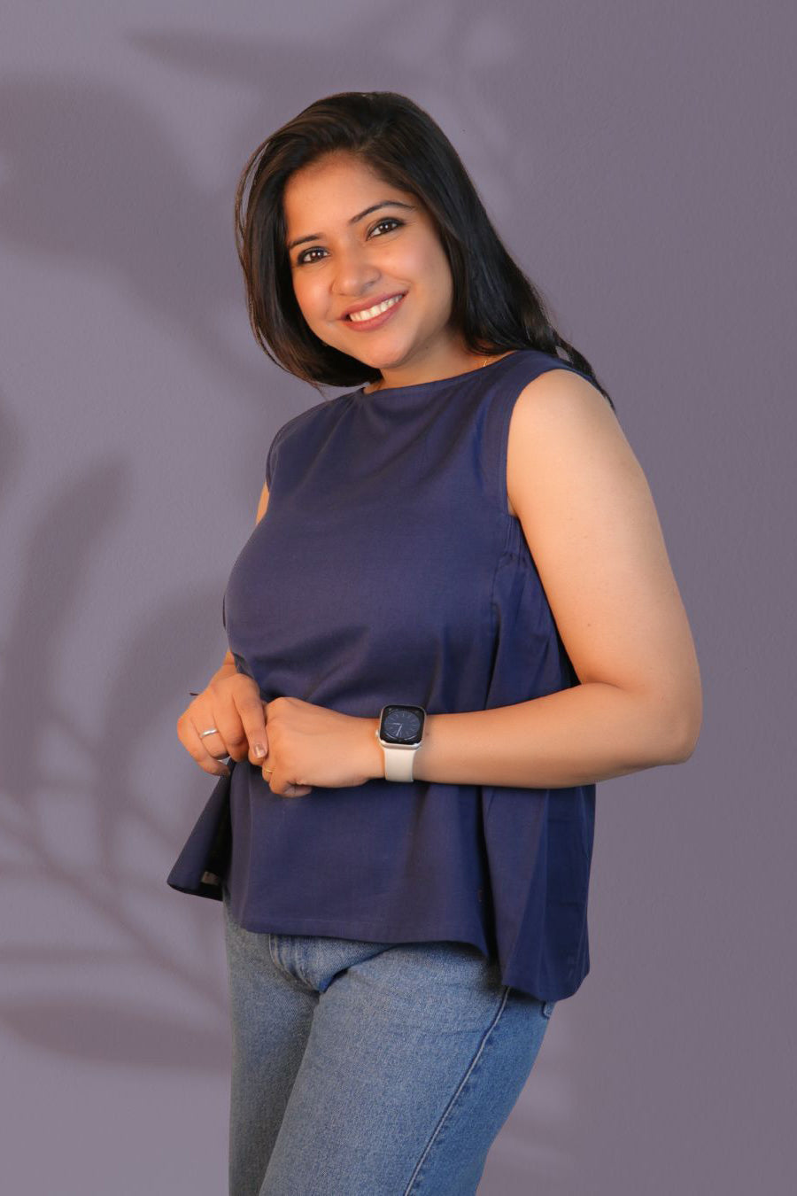 Maavish Blue Sleeveless Top with Side Smocking & Flared Hem