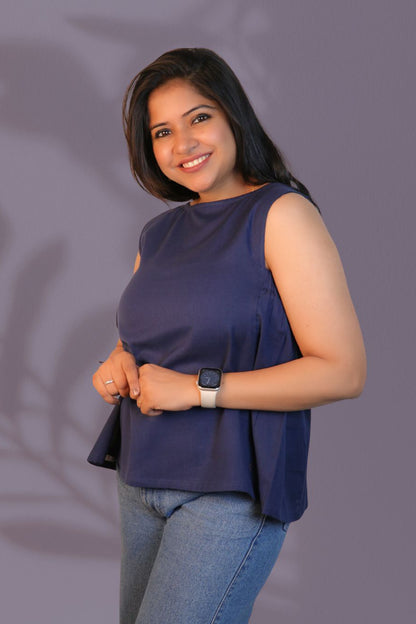 Maavish Blue Sleeveless Top with Side Smocking & Flared Hem