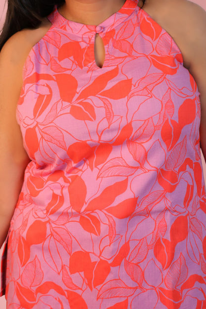 Maavish Women Pink and Orange Floral Printed Halter Neck Top with Tie-Up