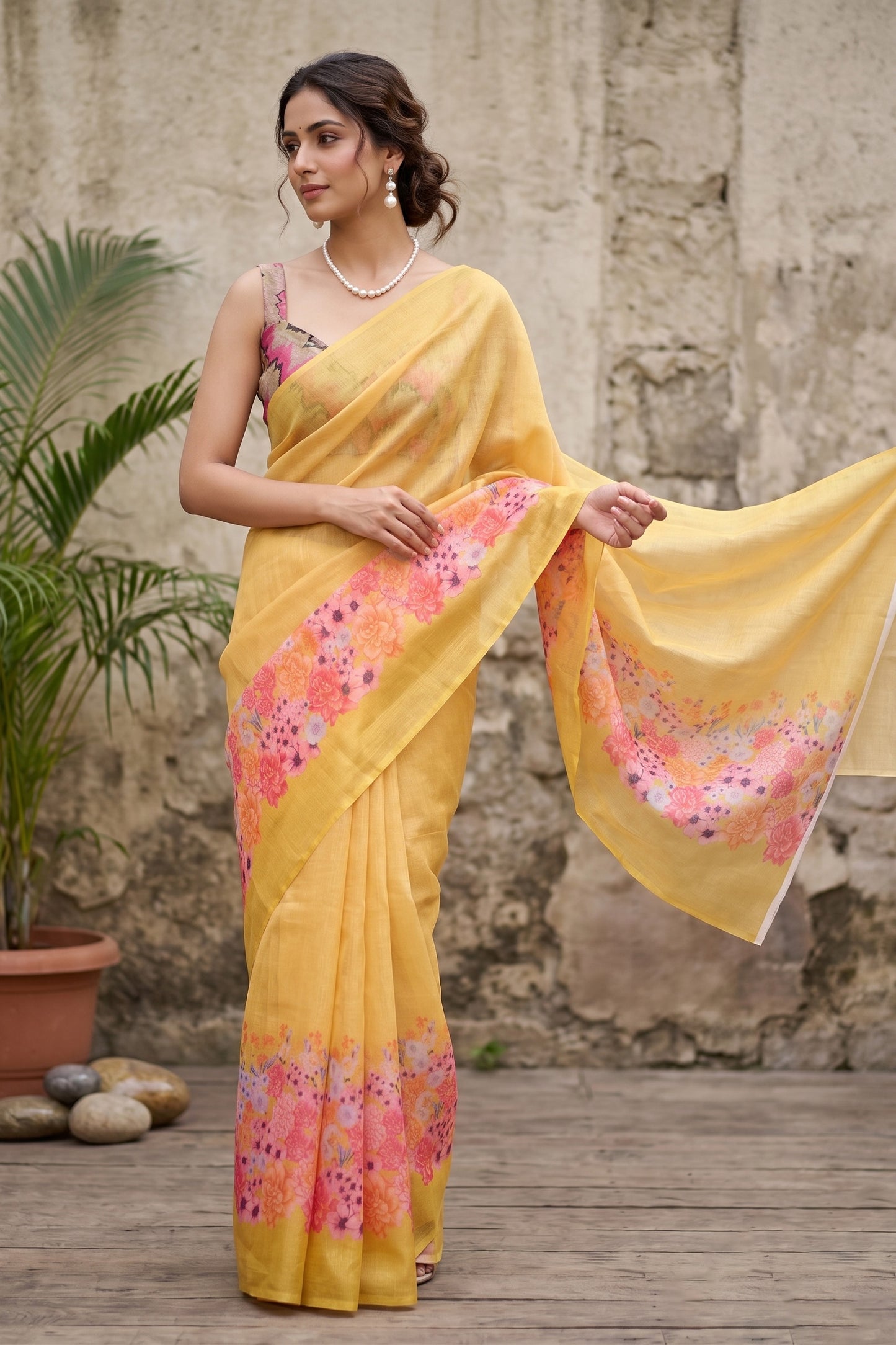 Maavish | Digital Floral Print Poly-Linen Saree Yellow