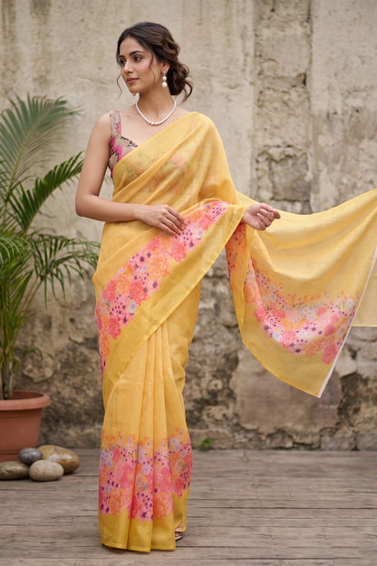 Maavish | Digital Floral Print Poly-Linen Saree Yellow