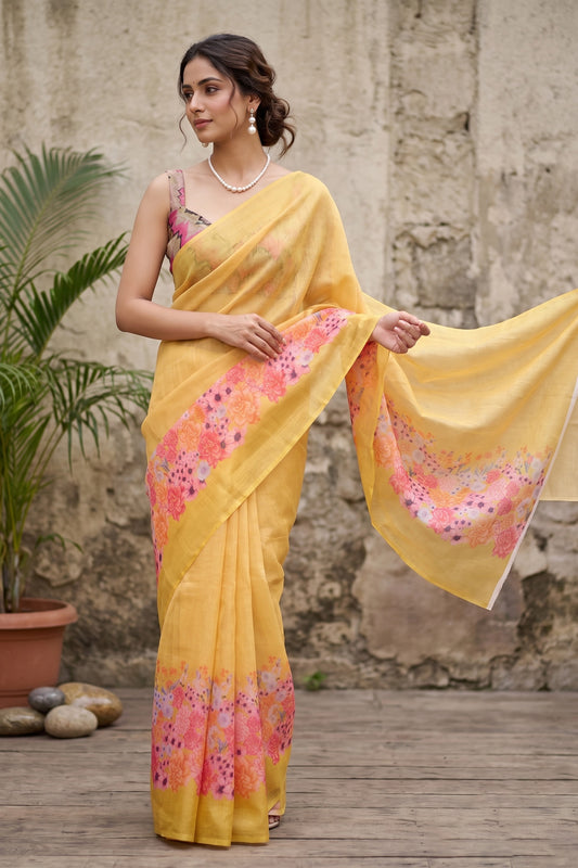 Maavish | Digital Floral Print Poly-Linen Saree Yellow