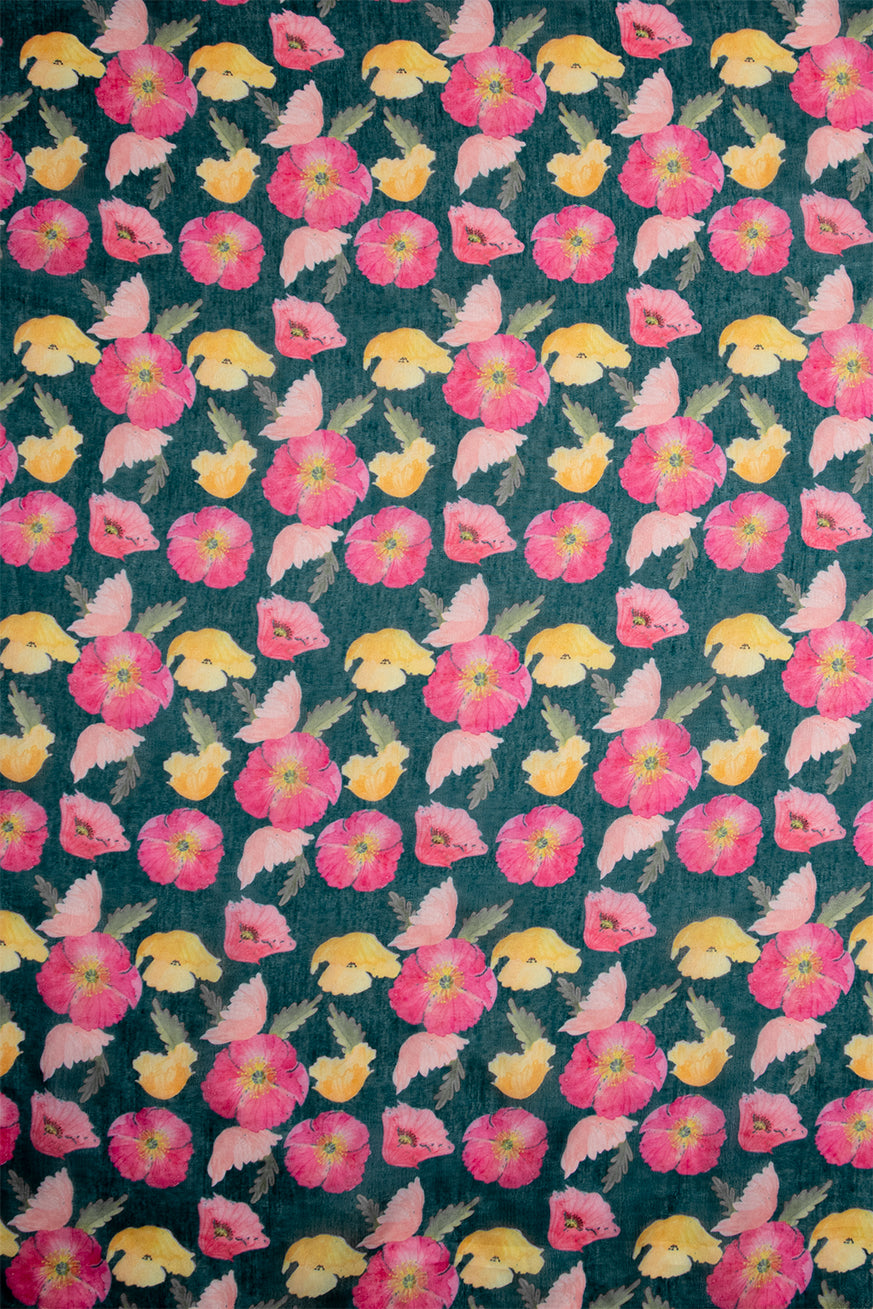 Maavish | Digital Floral Print Poly-Linen Saree Green