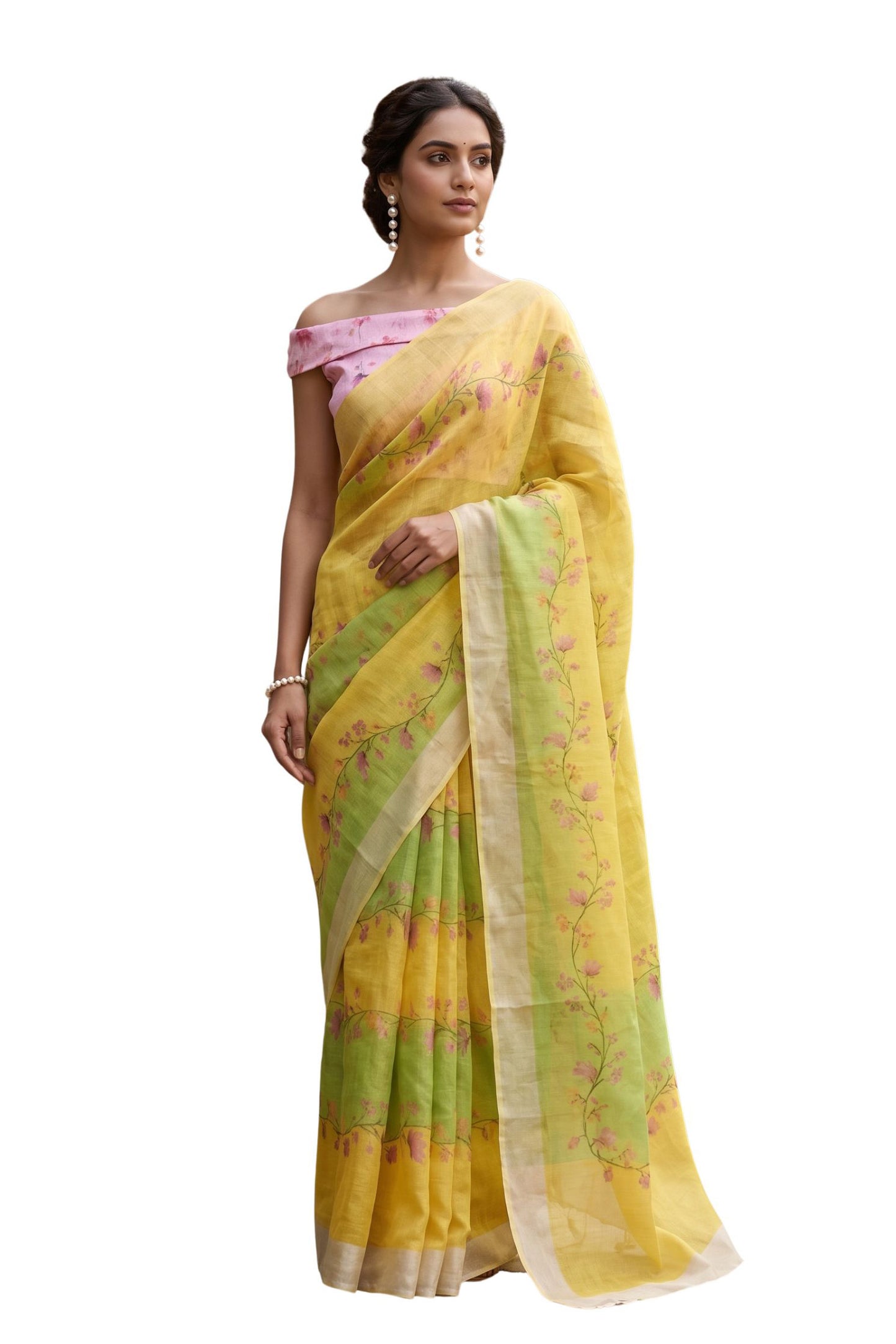 Maavish | Digital Floral Print Poly-Linen Saree Lemon