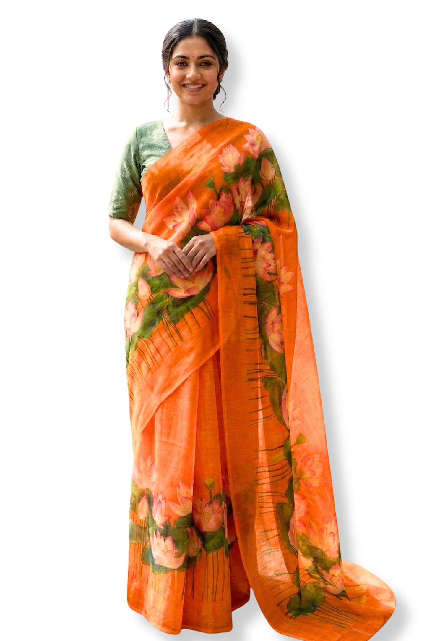 Maavish | Digital Lotus Print Poly-Linen Saree Orange