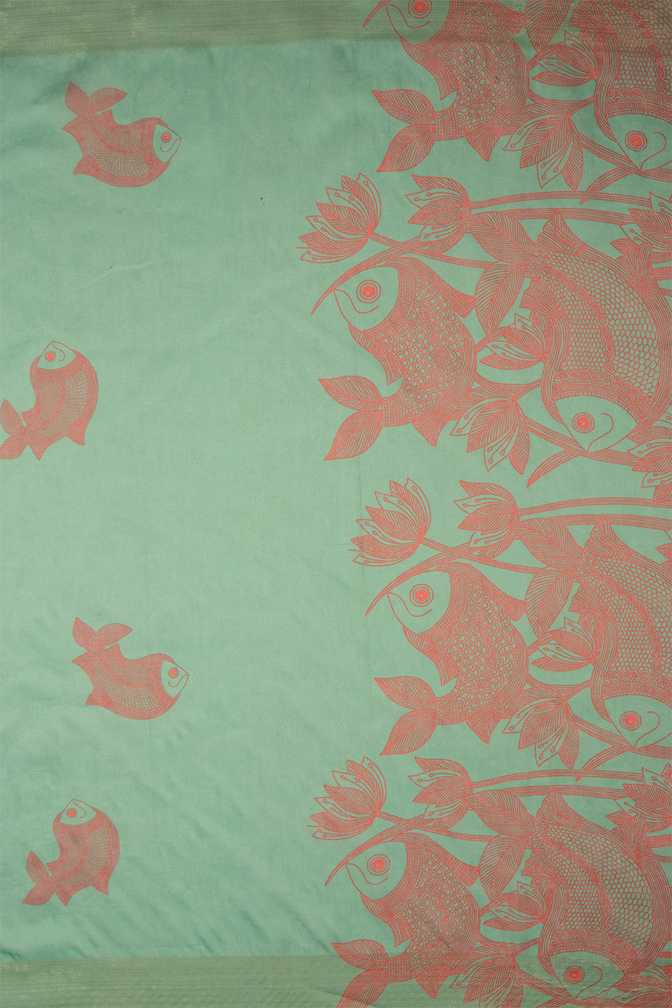 Maavish | Kalamkari-Inspired Digital Fish Print Poly-Linen Saree Green and Red