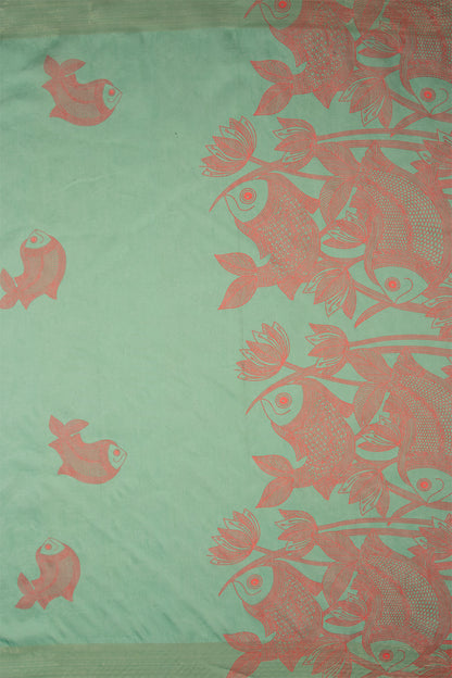 Maavish | Kalamkari-Inspired Digital Fish Print Poly-Linen Saree Green and Red