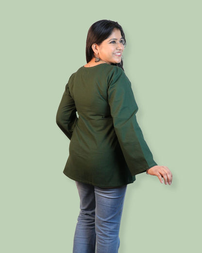 Solid Teal Green Bell Sleeve Short Kurta