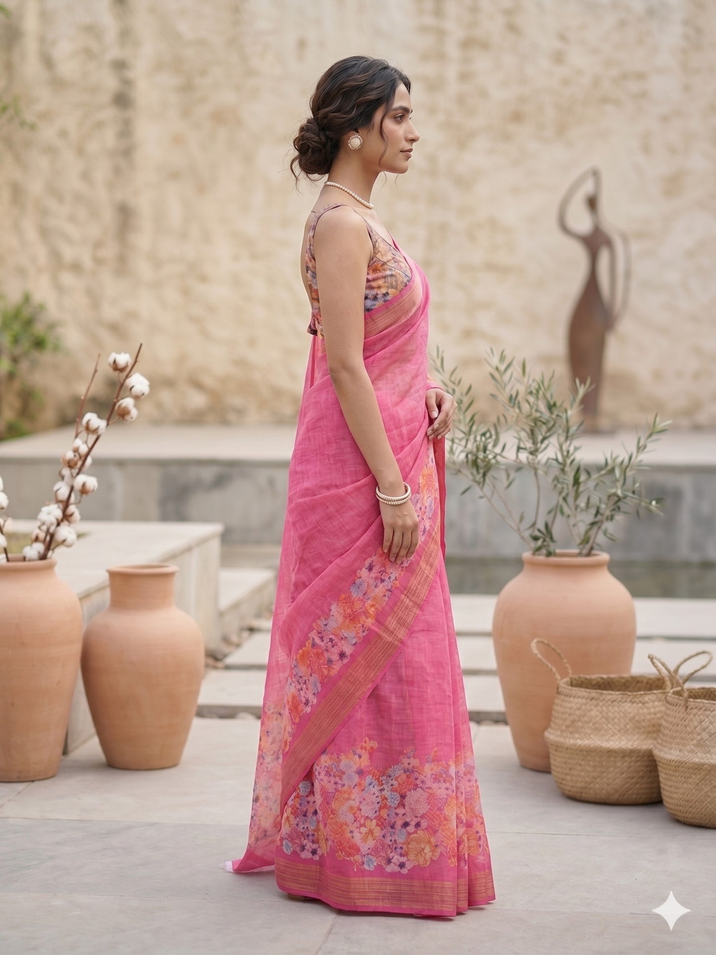 Maavish | Digital Floral Print Poly-Linen Saree Pink