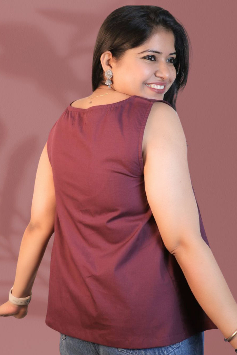 Maavish Wine Color Sleeveless Top with Side Smocking & Flared Hem Top