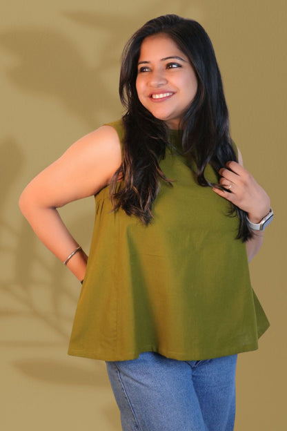 Maavish Olive Green Sleeveless Top with Side Smocking & Flared Hem