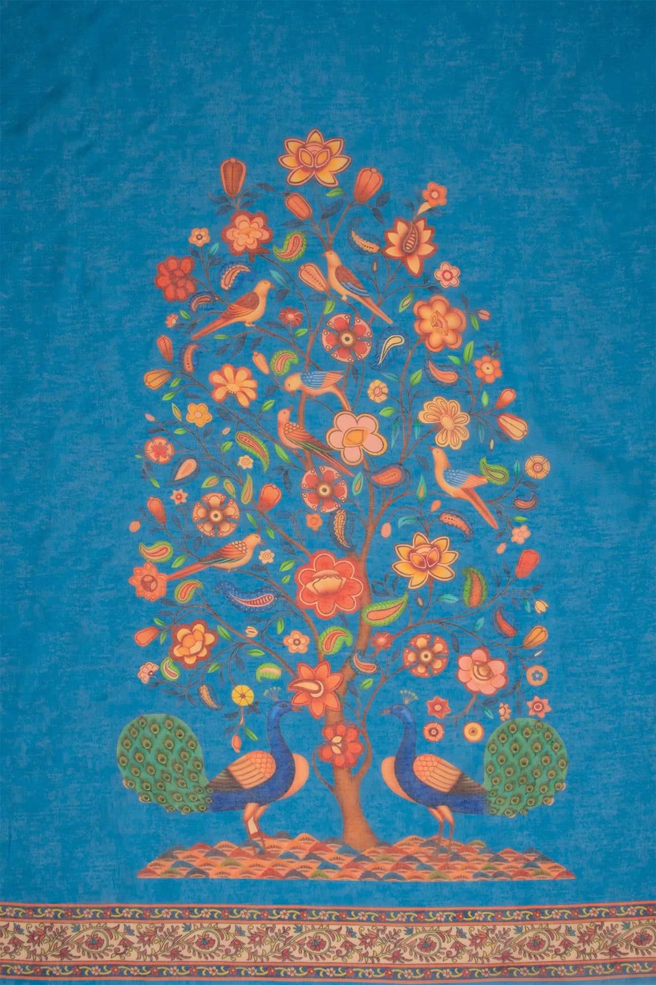 Maavish | Regal Peacock Digital Print Poly-Linen Saree Blue