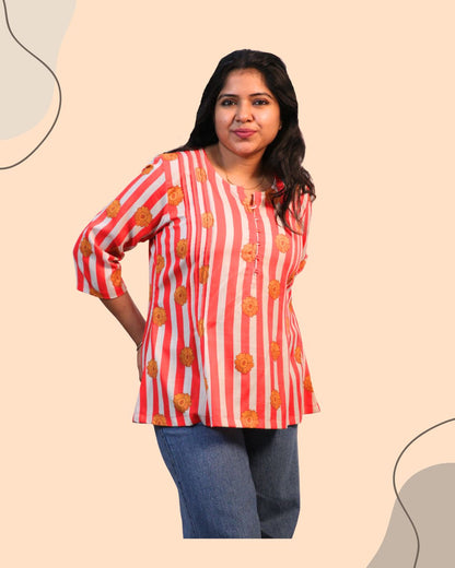 Stripes Floral Printed Short Kurti