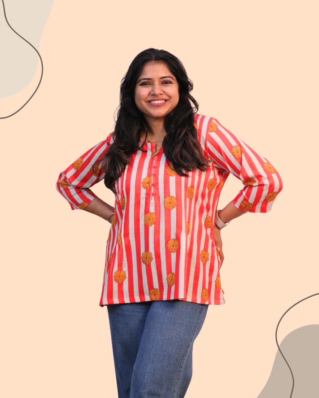 Stripes Floral Printed Short Kurti