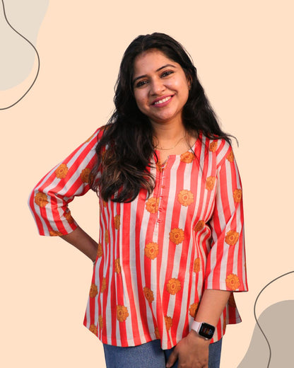 Stripes Floral Printed Short Kurti