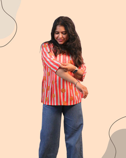 Stripes Floral Printed Short Kurti