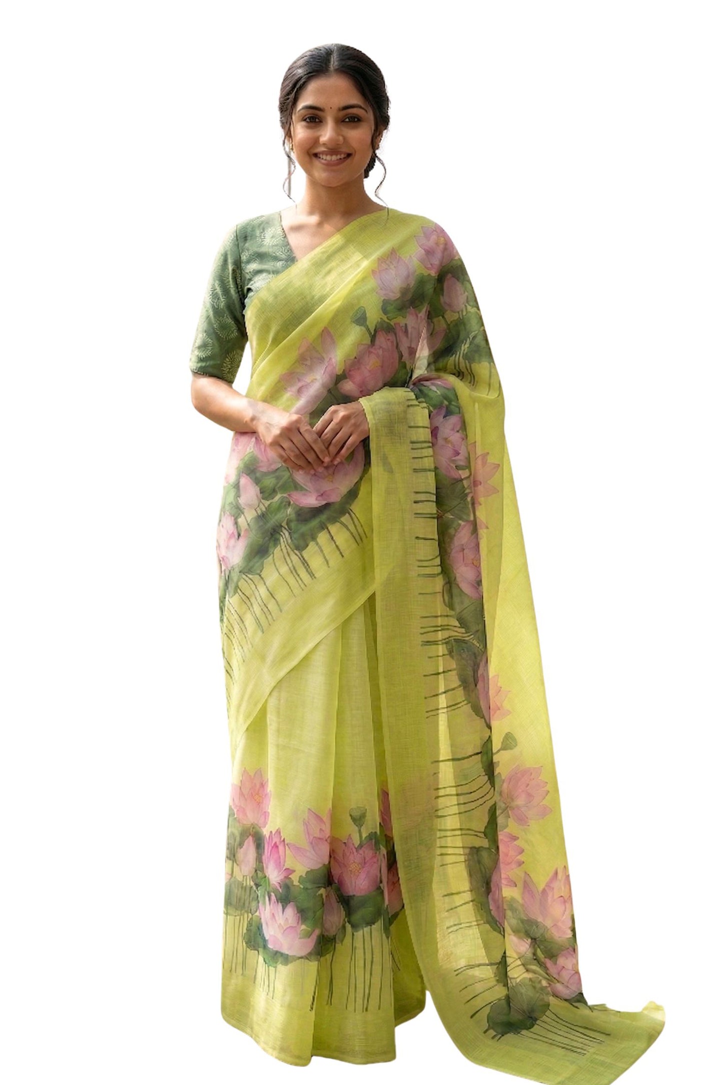 Maavish | Digital Lotus Print Poly-Linen Saree Green