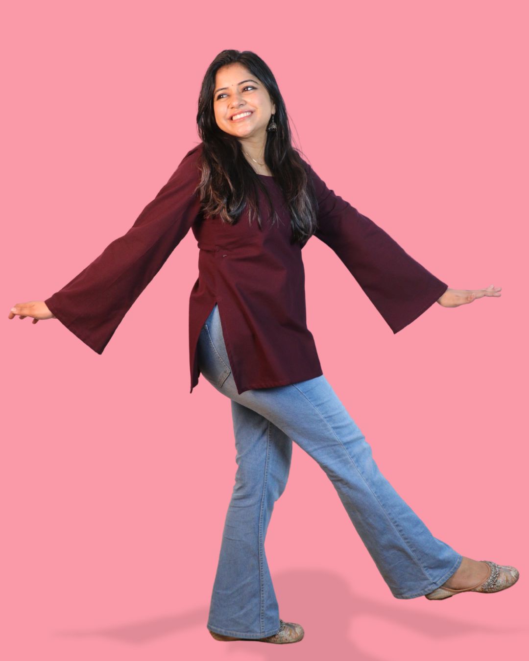 Solid Wine Bell Sleeve Short Kurta