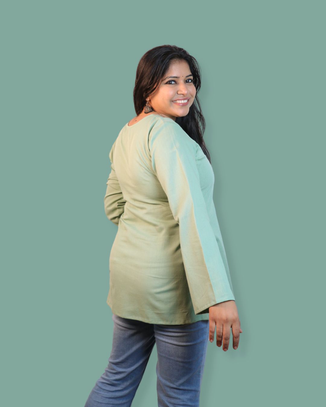 Solid Matt Green Bell Sleeve Short Kurta