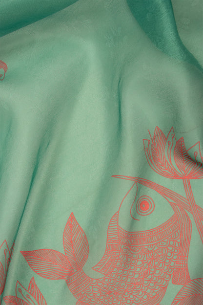 Maavish | Kalamkari-Inspired Digital Fish Print Poly-Linen Saree Green and Red