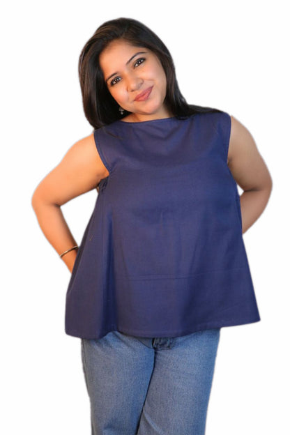 Maavish Blue Sleeveless Top with Side Smocking & Flared Hem