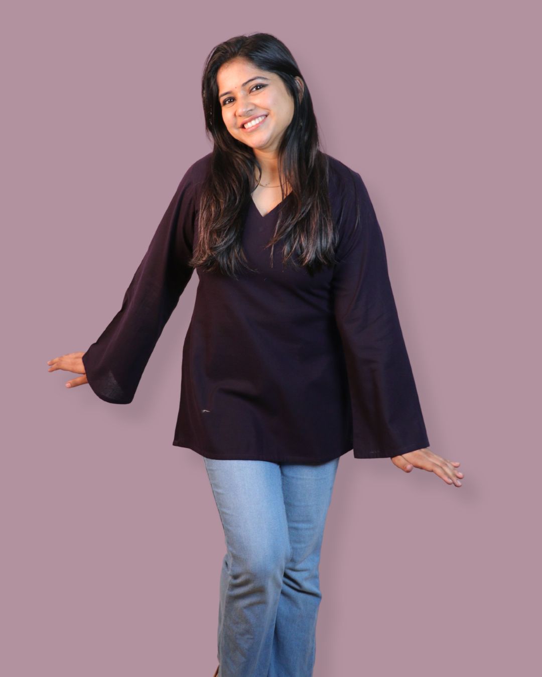 Solid Dark Purple Bell Sleeve Short Kurta
