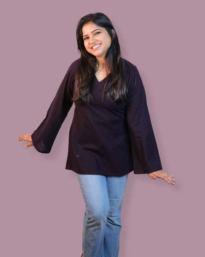 Solid Dark Purple Bell Sleeve Short Kurta