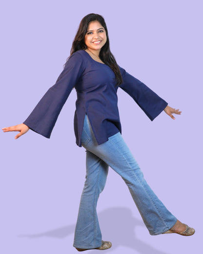 Solid Navy Blue Bell Sleeve Short Kurta