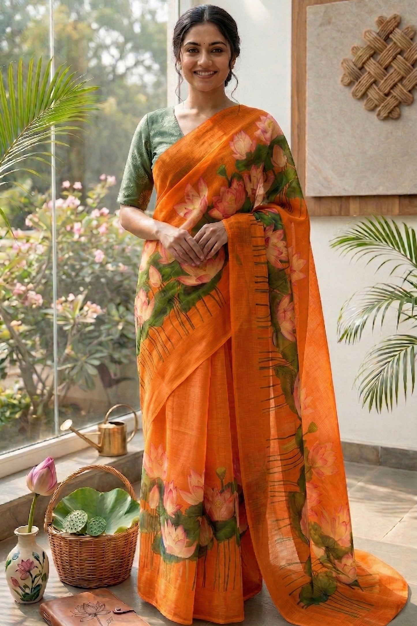Maavish | Digital Lotus Print Poly-Linen Saree Orange