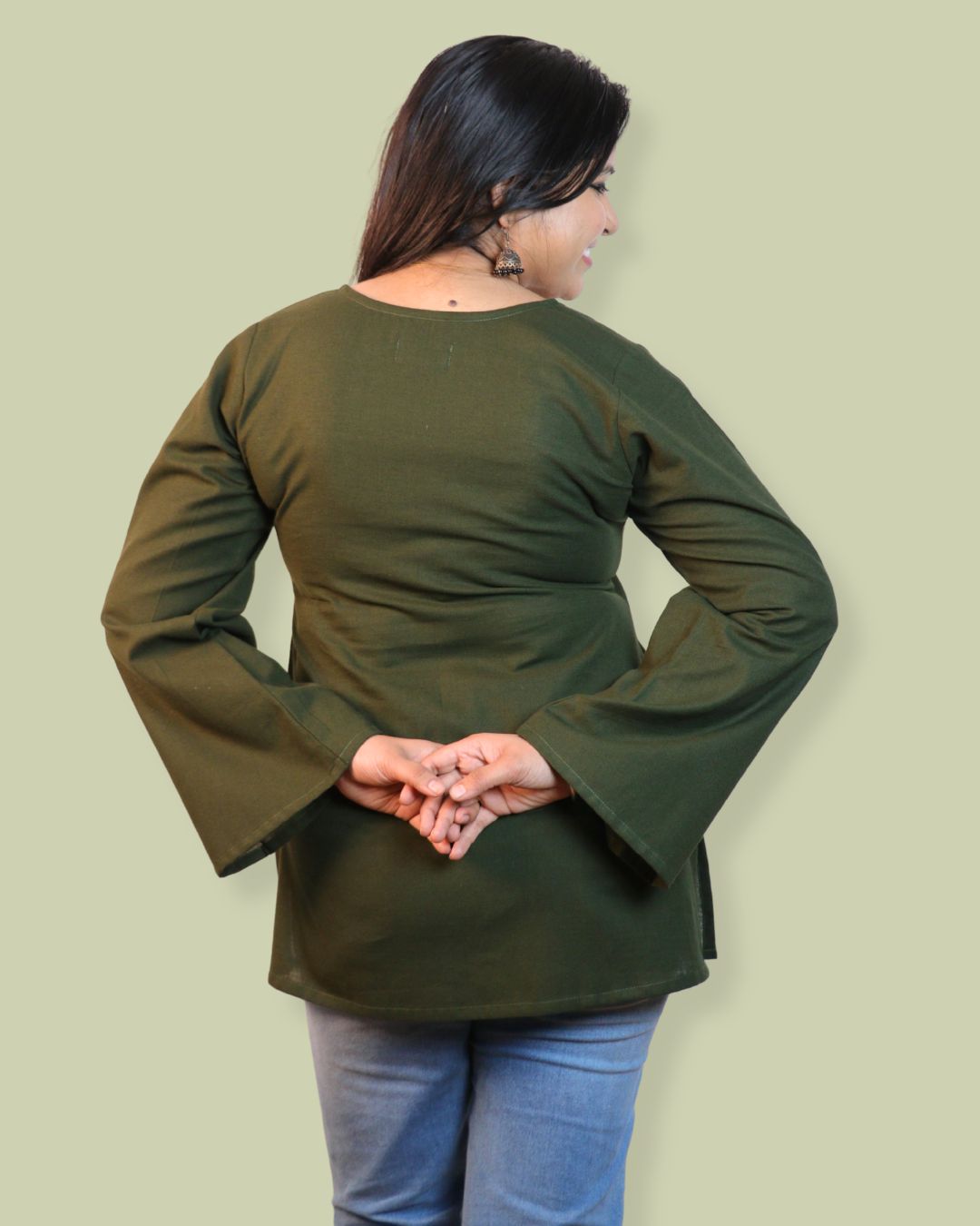 Solid Dark Green Bell Sleeve Short Kurta
