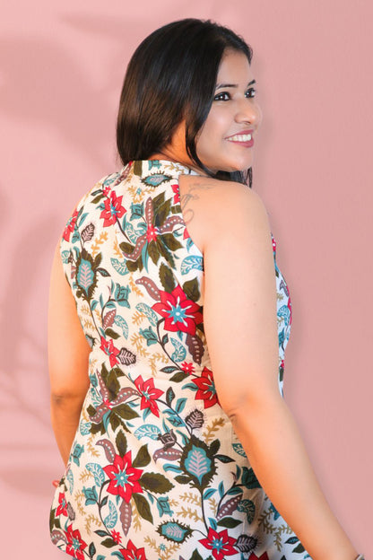 Maavish Women Off-White & Red Floral Printed Halter Neck Top with Tie-Up